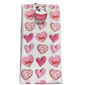 Bliss Set of 2 Kitchen Towels Valentine's Day Pink Hearts Donuts Love Cotton NWT